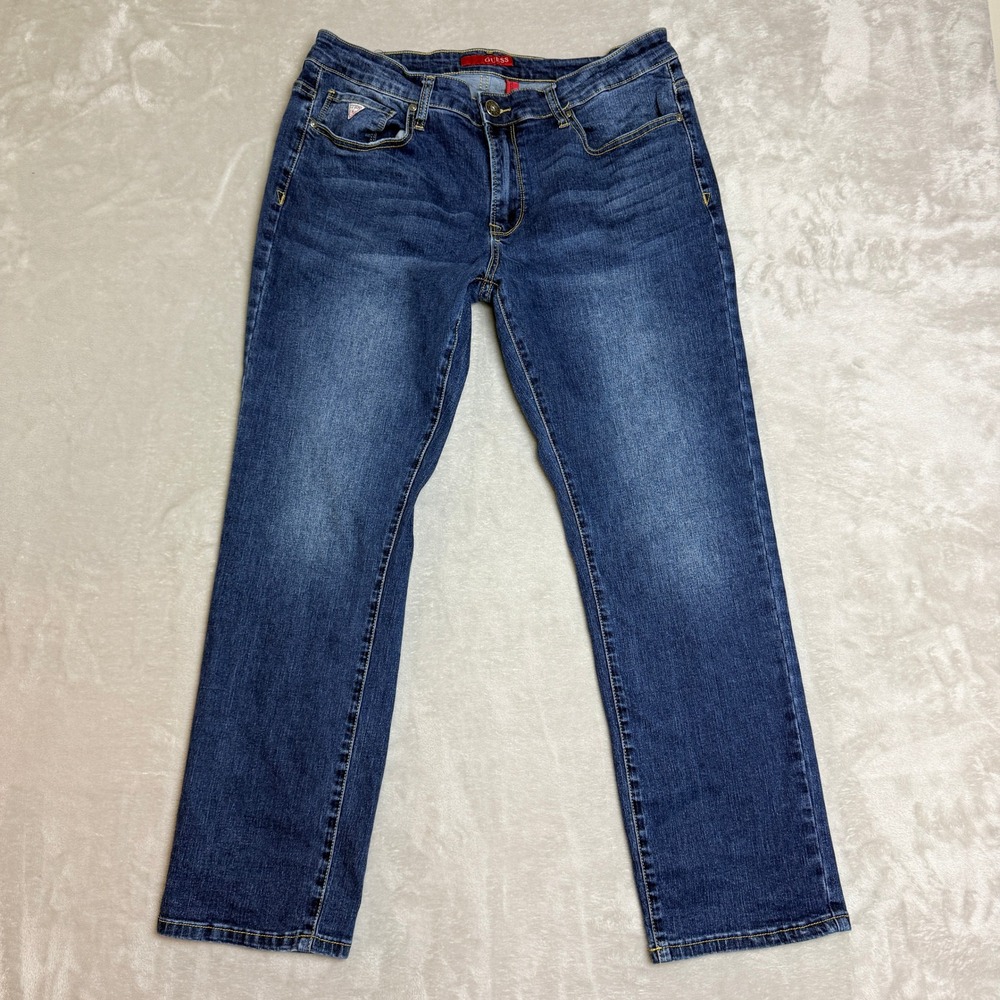 Guess Lincoln Slim Straight Jeans Mens 36x30 Blue Dark Wash Stretch Denim EUC
